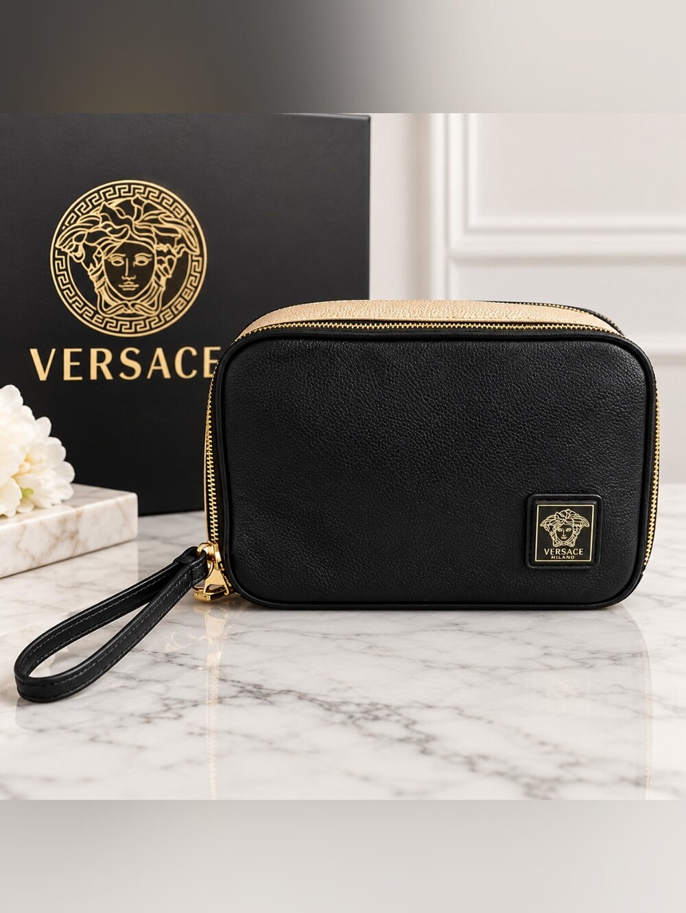 Versace Parfums Cosmetic Bag Wristlet Travel Toiletry Case Black Gold